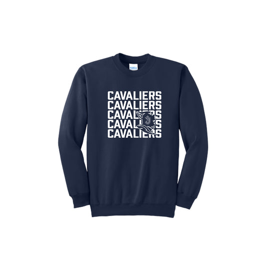 Navy blue sweatshirt with 'Cavaliers' text design on a white background