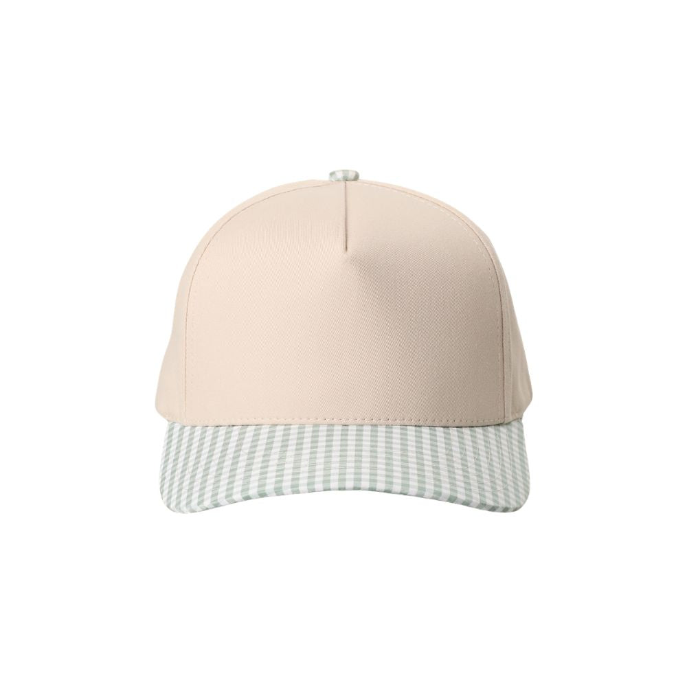 Beige cap with a light green checkered pattern on a white background