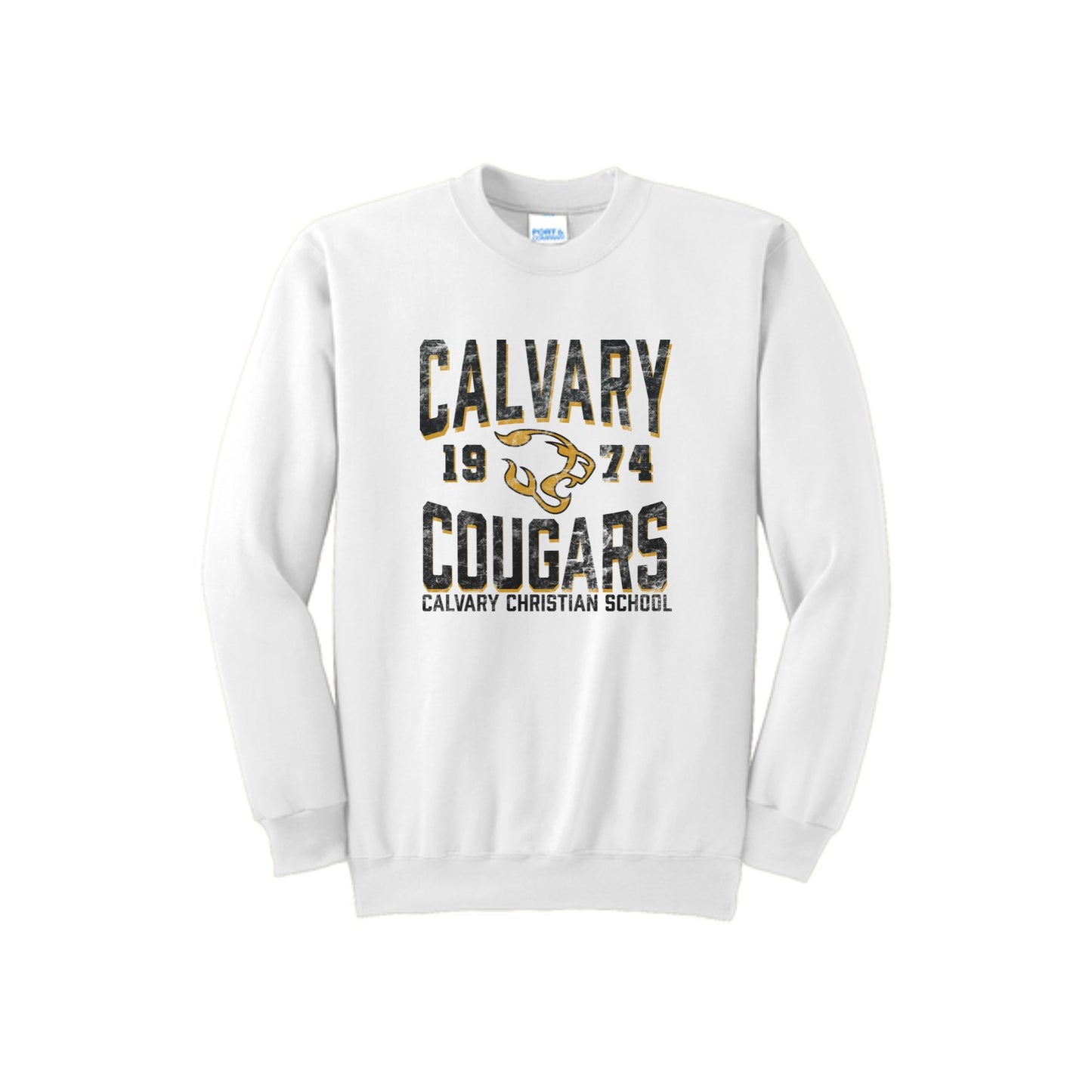 Printed Distressed Calvary Christian Cougars 1974 Crewneck Sweatshirt | CCSDTG12