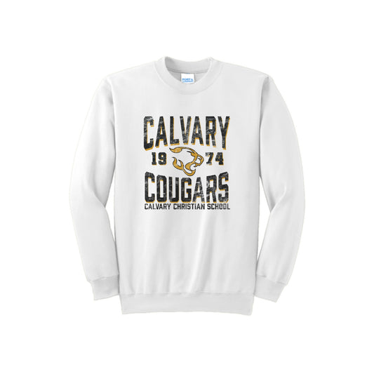 Printed Distressed Calvary Christian Cougars 1974 Crewneck Sweatshirt | CCSDTG12