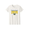 An off-white short-sleeve crewneck t-shirt featuring a graphic on the front that reads 'St. Ignatius of Loyola CHEER' in blue and yellow, with a matching blue and yellow ribbon bow illustration below.