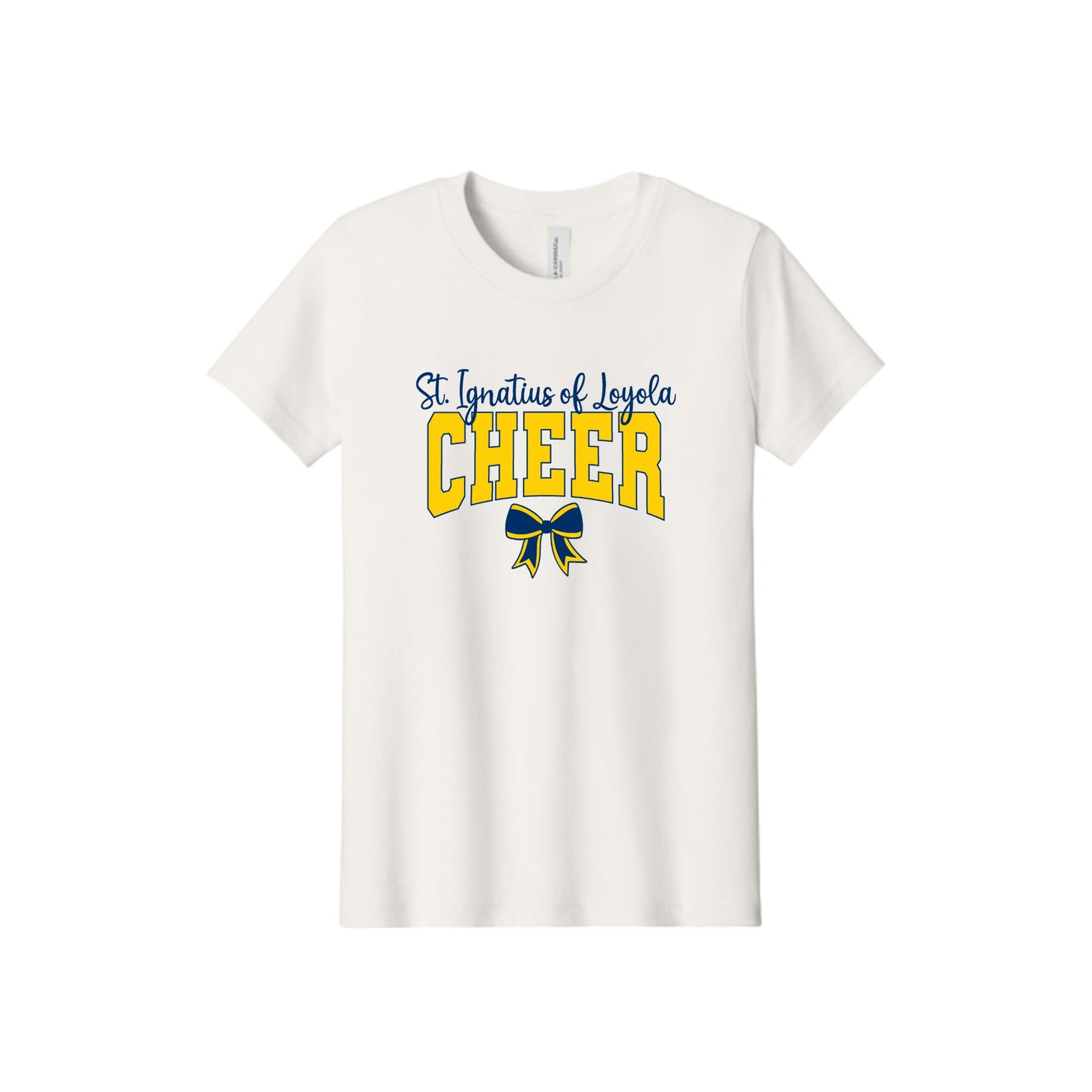 An off-white short-sleeve crewneck t-shirt featuring a graphic on the front that reads 'St. Ignatius of Loyola CHEER' in blue and yellow, with a matching blue and yellow ribbon bow illustration below.