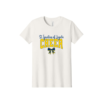An off-white short-sleeve crewneck t-shirt featuring a graphic on the front that reads 'St. Ignatius of Loyola CHEER' in blue and yellow, with a matching blue and yellow ribbon bow illustration below.