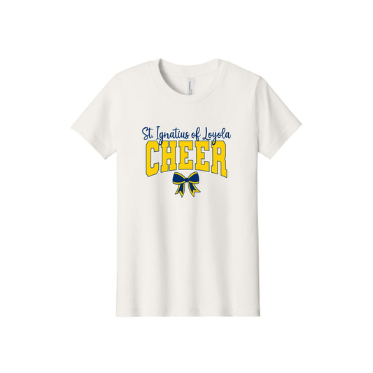 An off-white short-sleeve crewneck t-shirt featuring a graphic on the front that reads 'St. Ignatius of Loyola CHEER' in blue and yellow, with a matching blue and yellow ribbon bow illustration below.