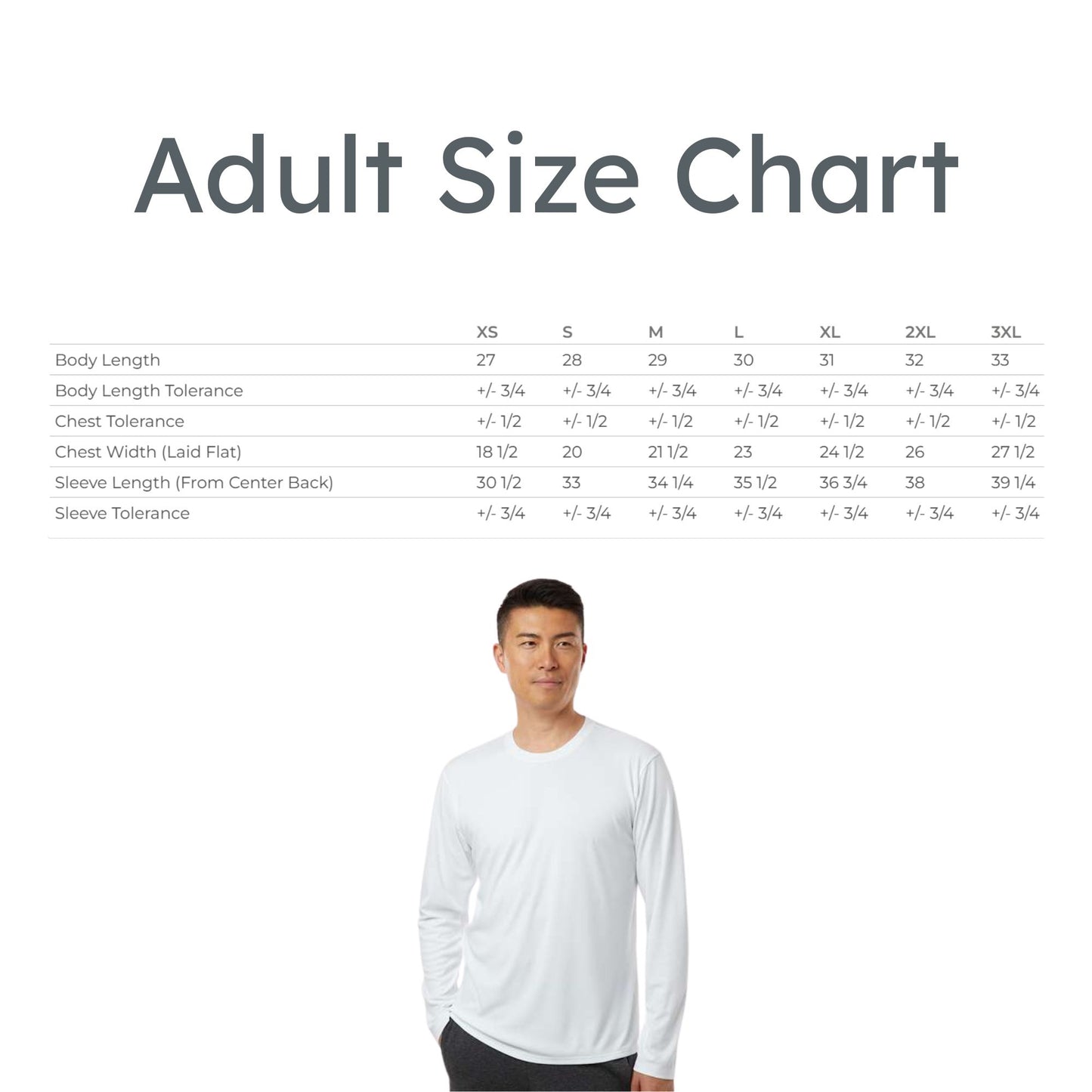 Man wearing a white long-sleeve shirt with an adult size chart on a white background