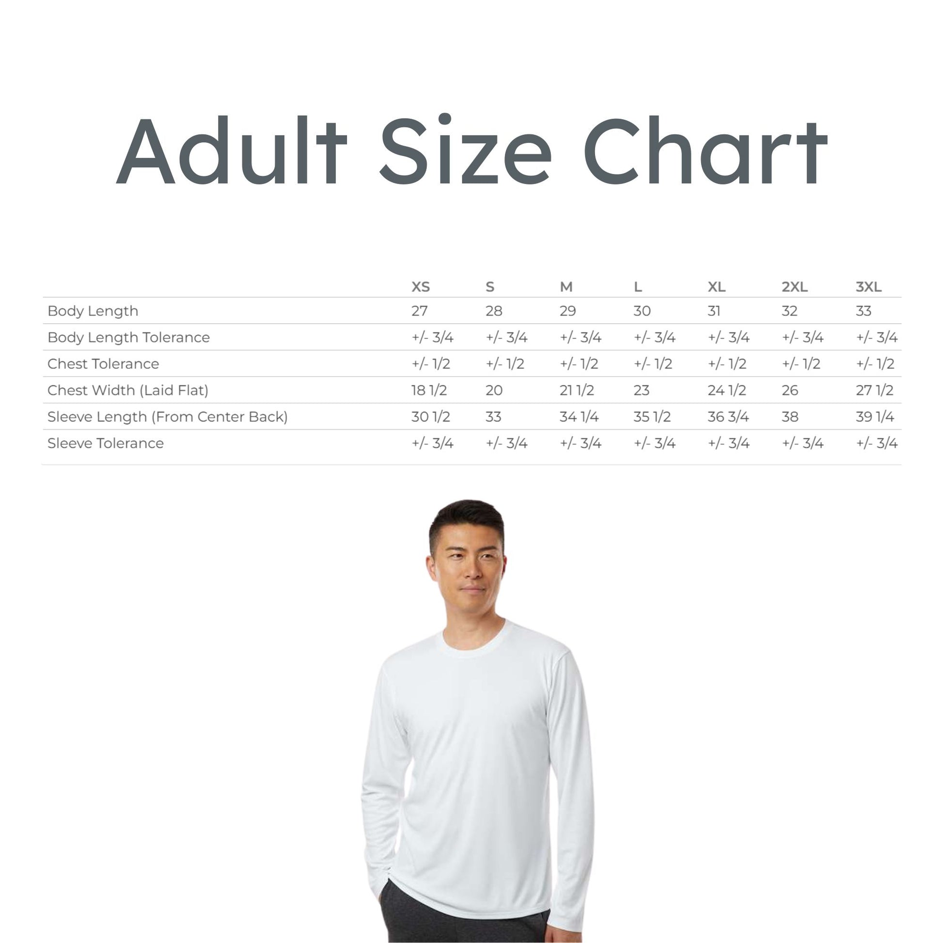 Man wearing a white long-sleeve shirt with an adult size chart on a white background