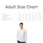 Man wearing a white long-sleeve shirt with an adult size chart on a white background