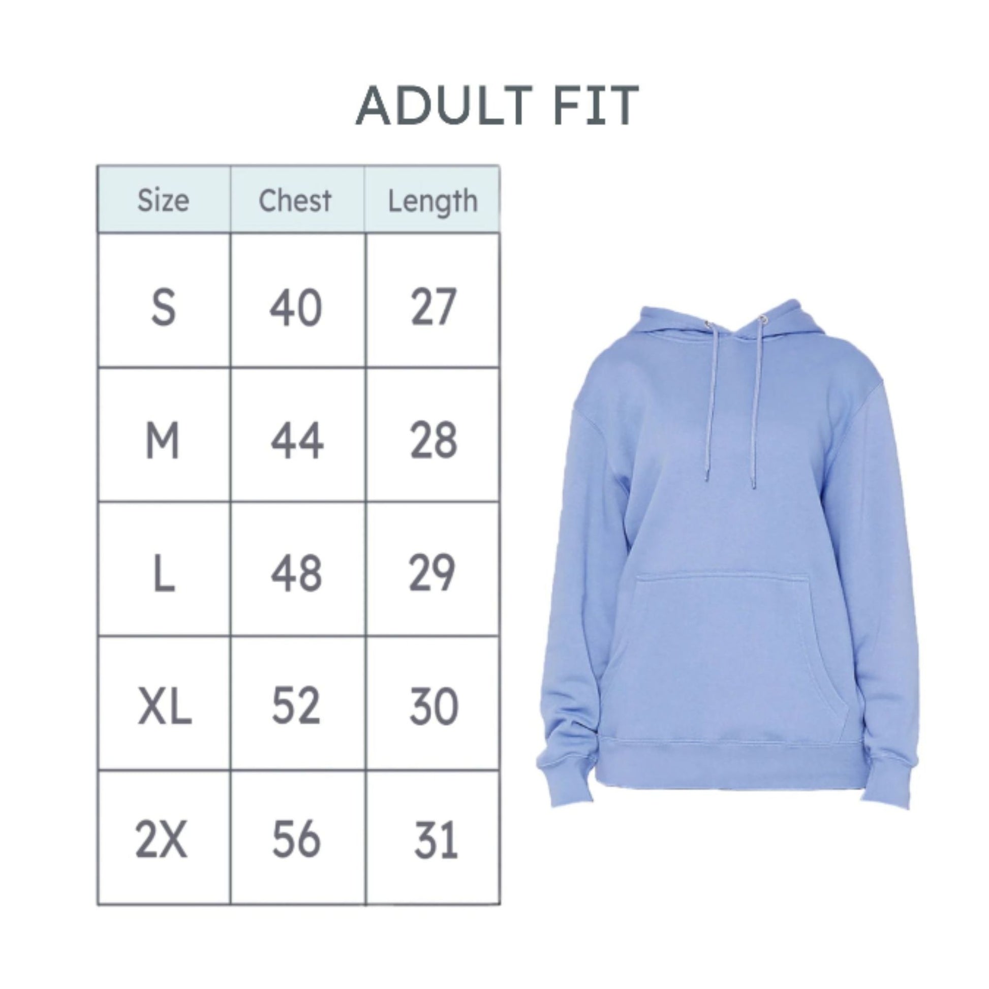 Light blue hoodie with size chart on a white background