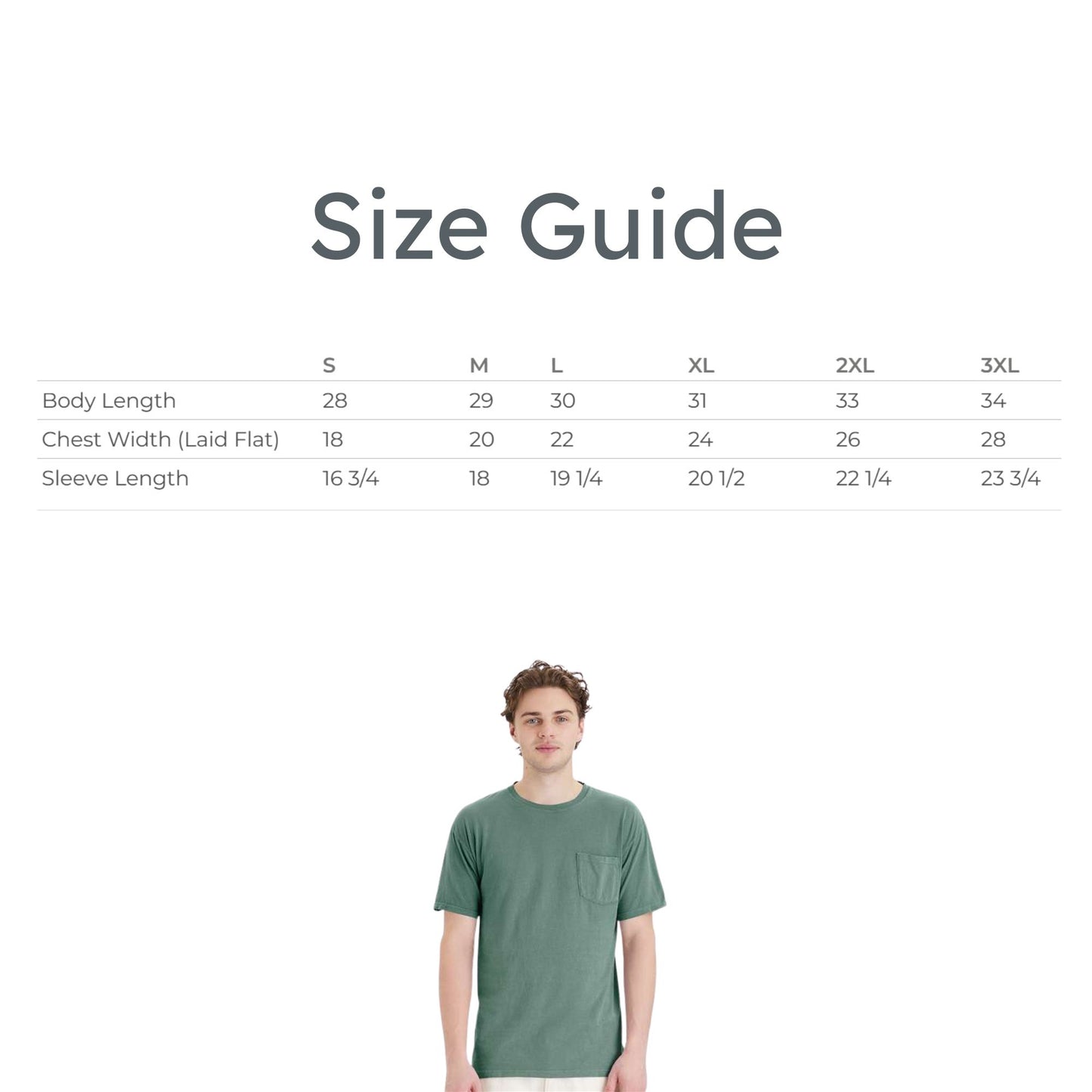 Size guide with a person wearing a green t-shirt on a white background