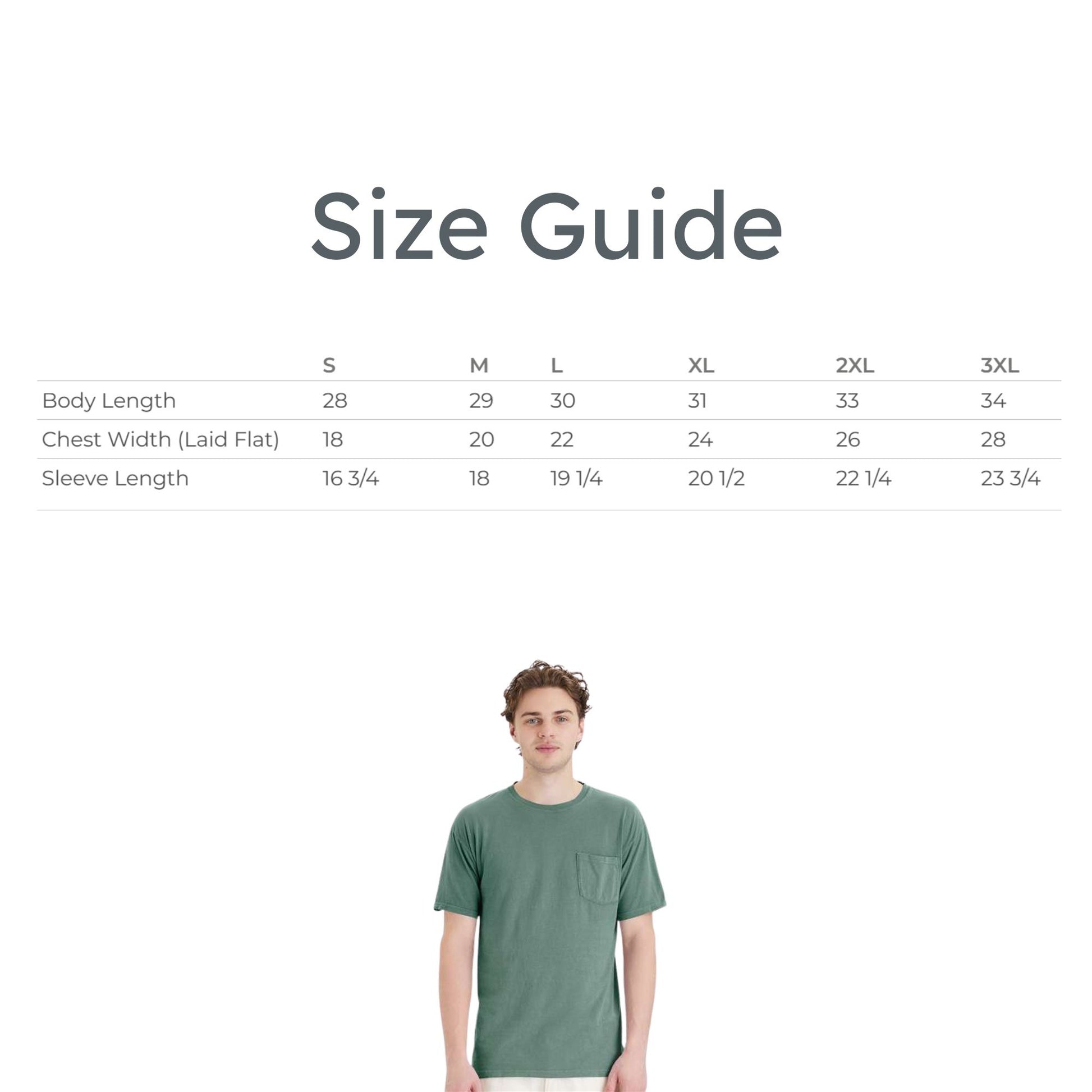Size guide with a person wearing a green t-shirt on a white background