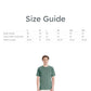 Size guide with a person wearing a green t-shirt on a white background