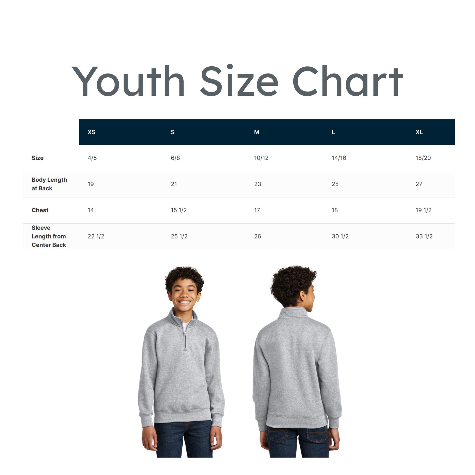 Youth size chart with measurements for a gray sweatshirt, including front and back views of a model.