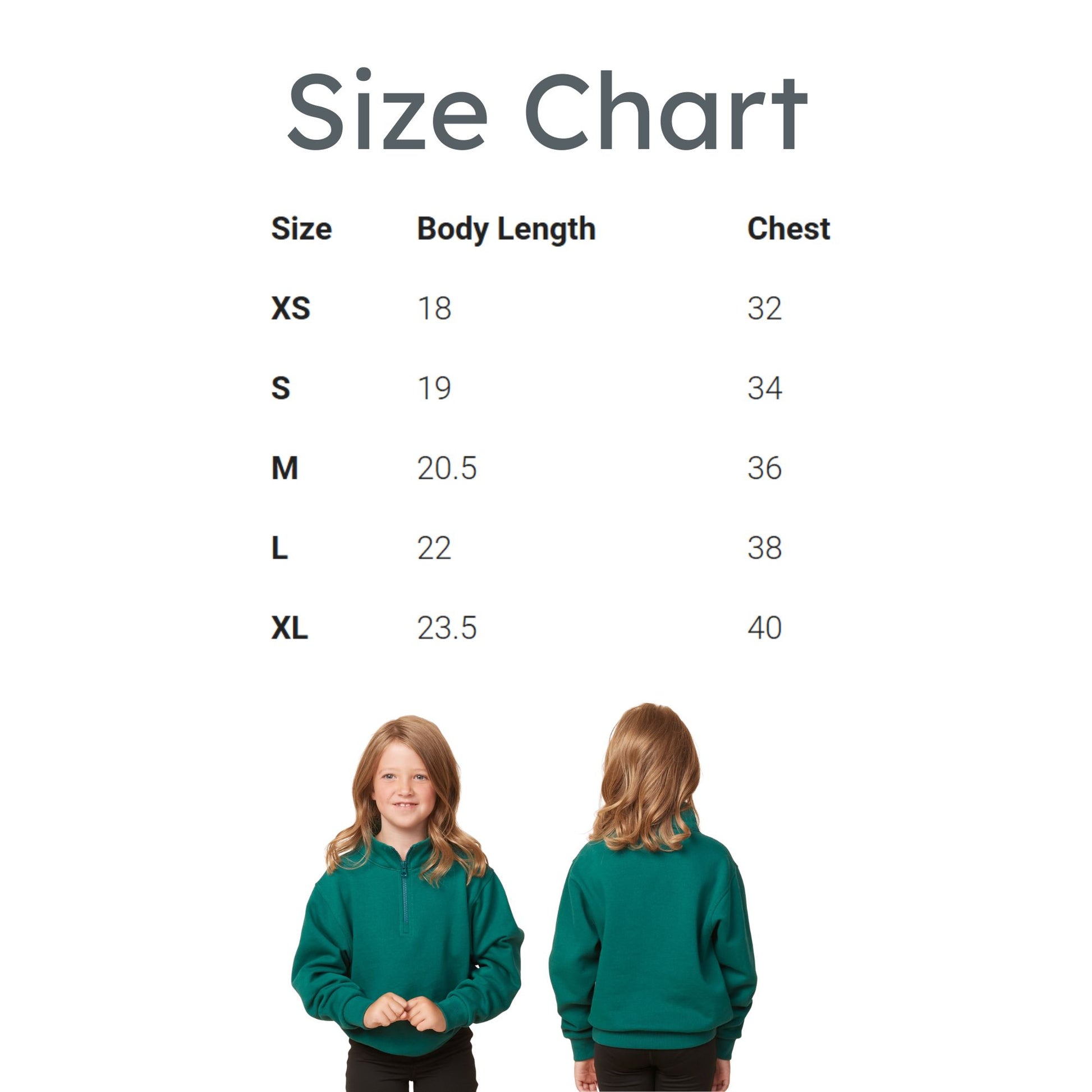 Size chart for a green jacket with body length and chest measurements.
