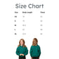 Size chart for a green jacket with body length and chest measurements.