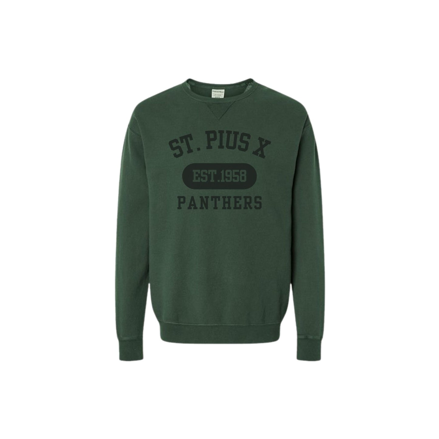 Green sweatshirt with 'St. Pius X Panthers' text on a white background