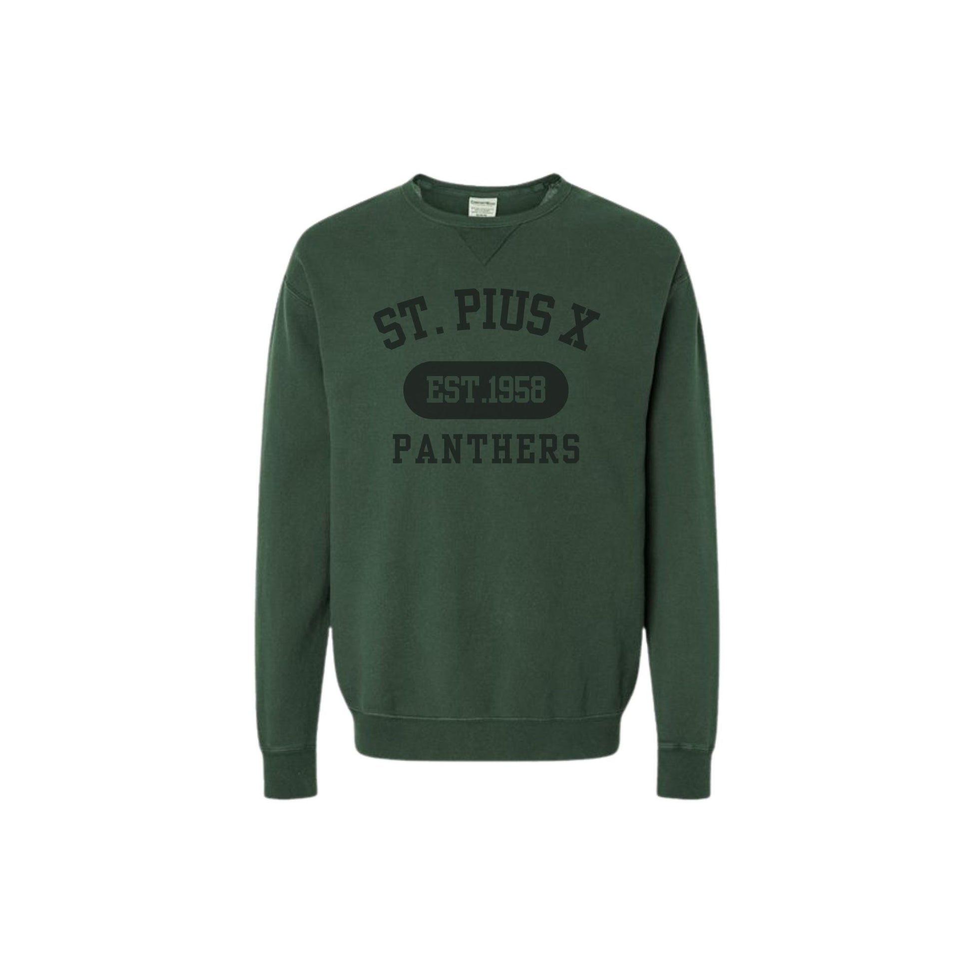 Green sweatshirt with 'St. Pius X Panthers' text on a white background
