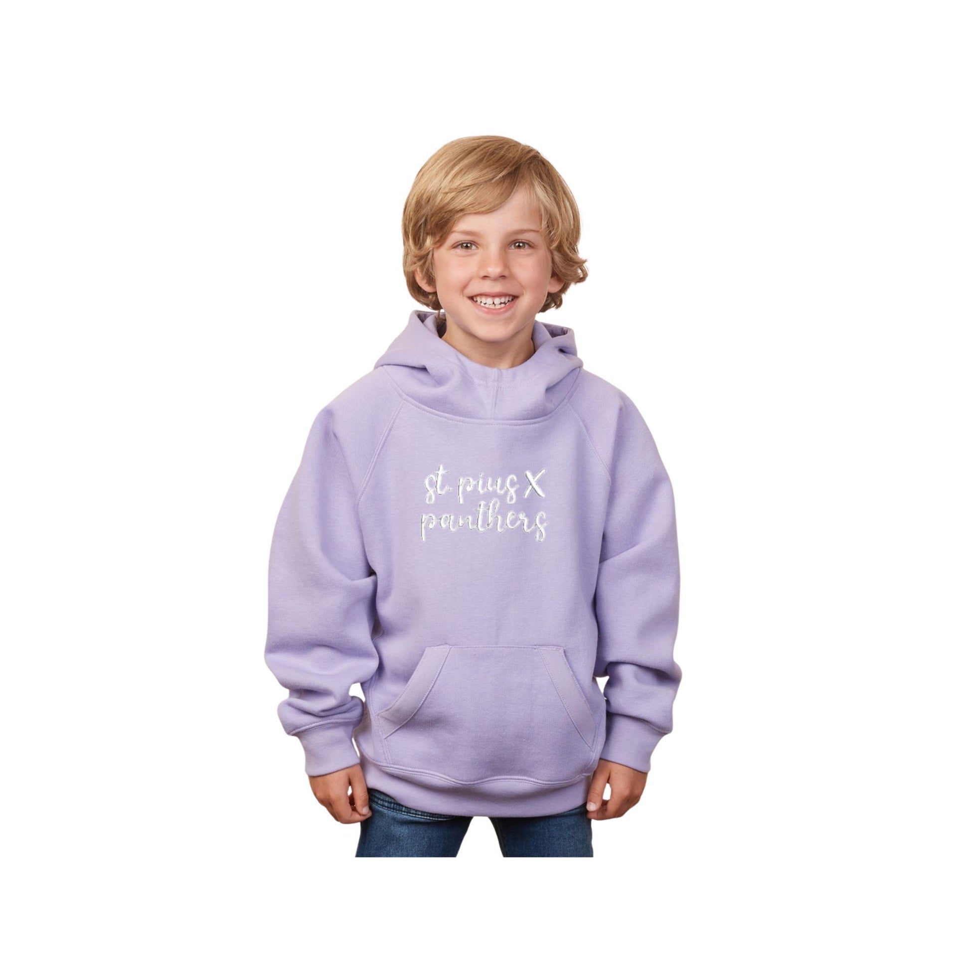 Child wearing a lavender hoodie with text on a white background