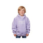 Child wearing a lavender hoodie with text on a white background