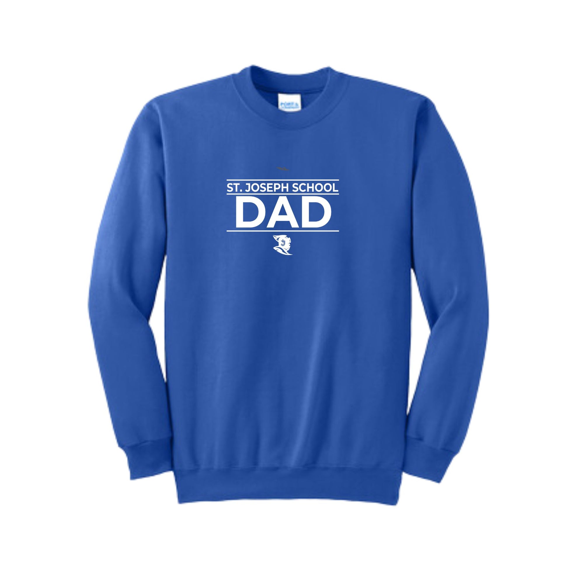 Royal crewneck sweatshirt with a white st. joseph school dad printed design