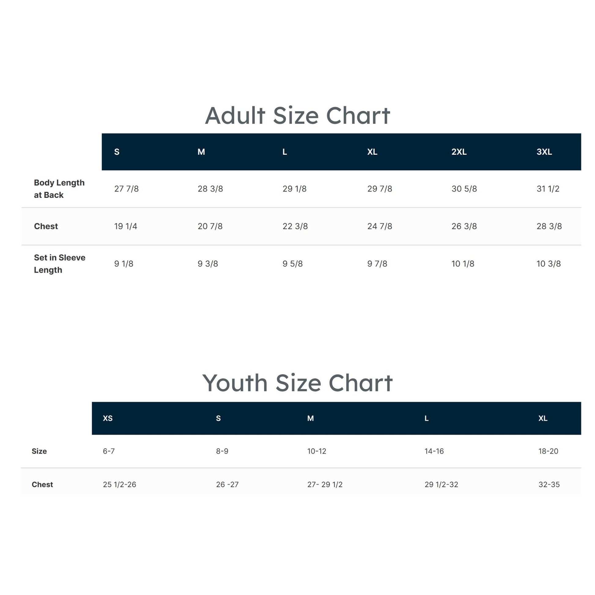 Size charts for adults and youth on a white background