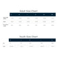 Size charts for adults and youth on a white background