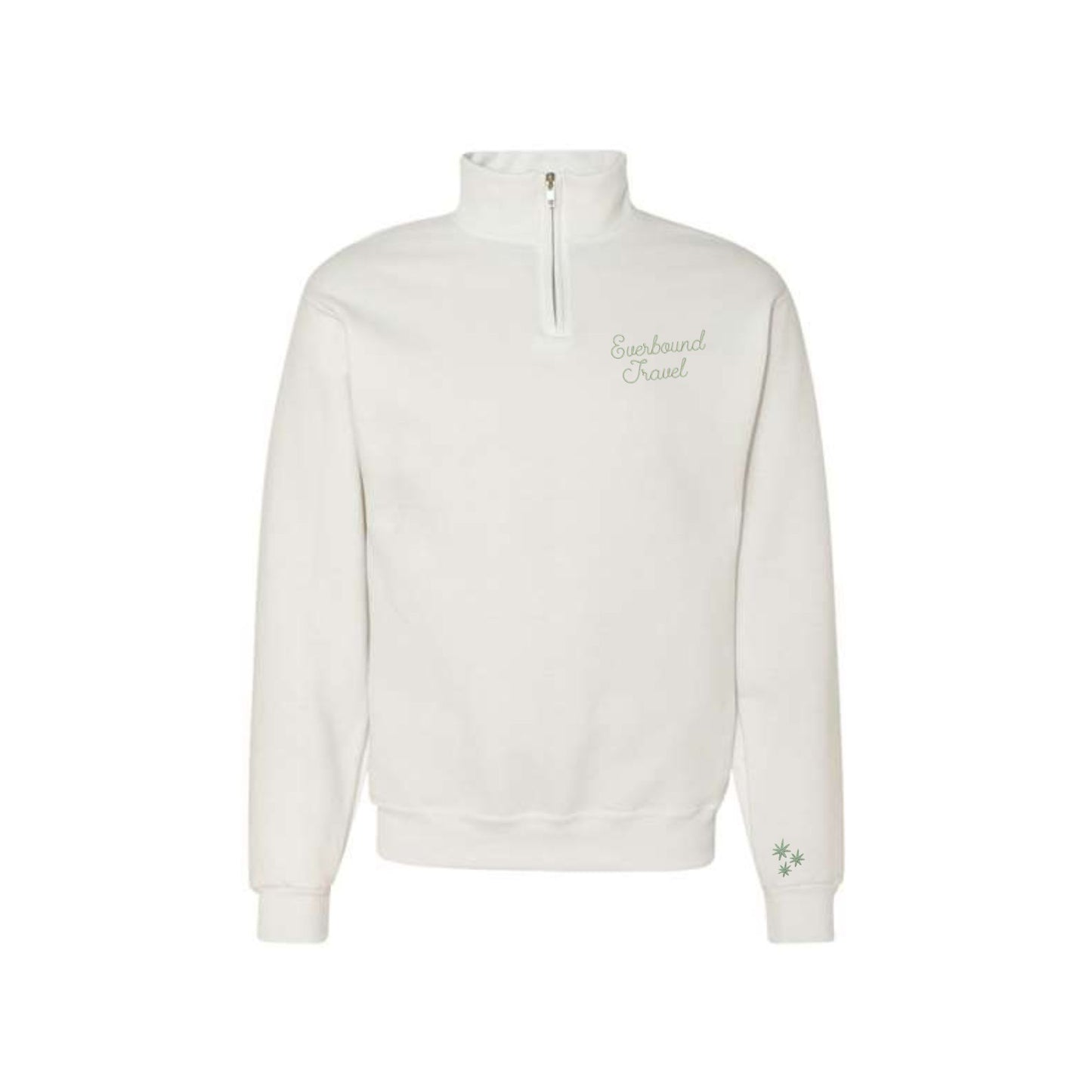 White sweatshirt with a brand logo on a white background