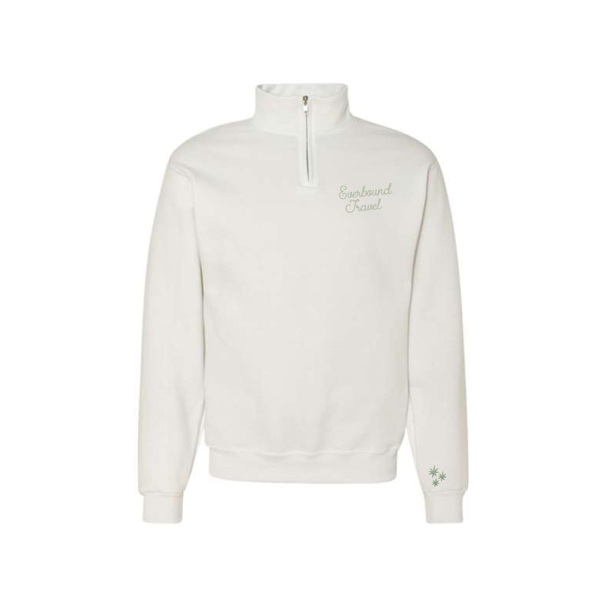 White sweatshirt with a brand logo on a white background