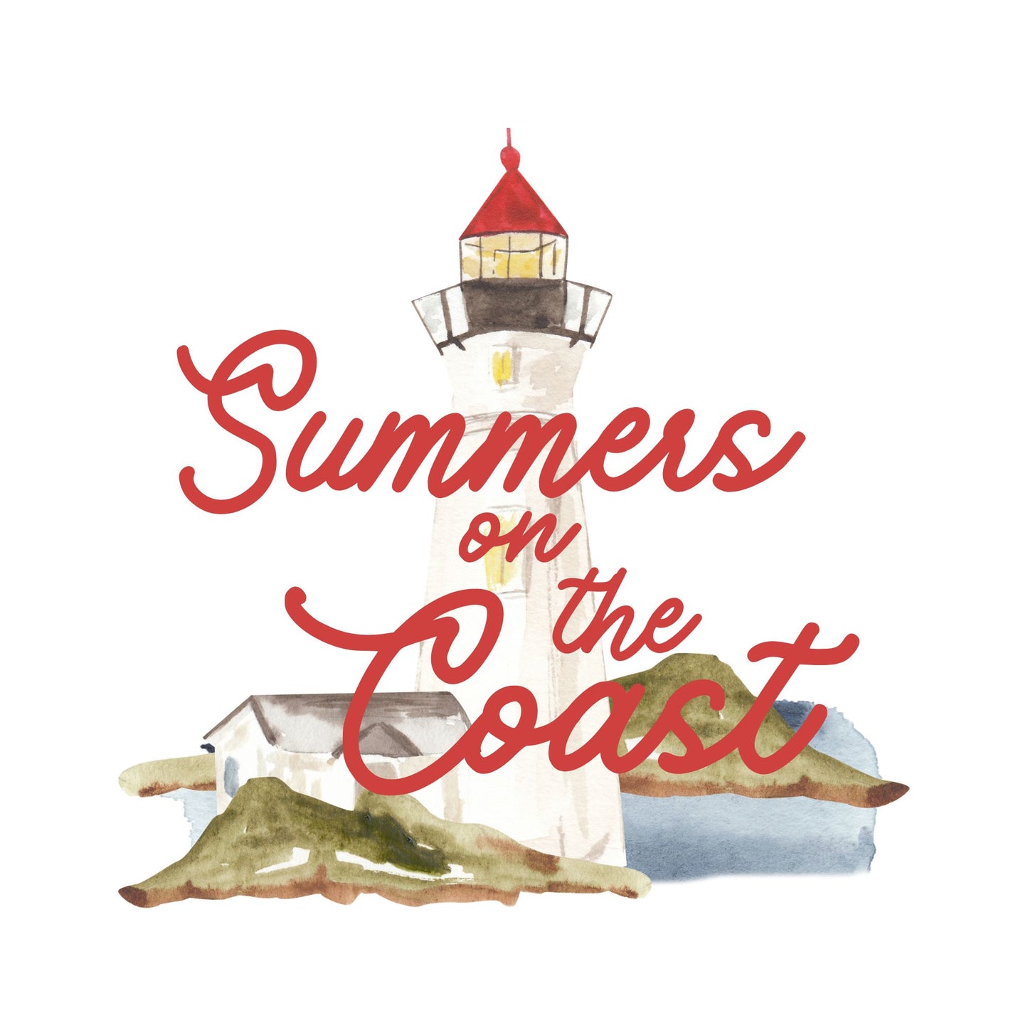 Lighthouse illustration with 'Summers on the Coast' text on a white background