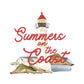 Lighthouse illustration with 'Summers on the Coast' text on a white background