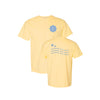 Yellow t-shirt with blue graphics and text on a white background