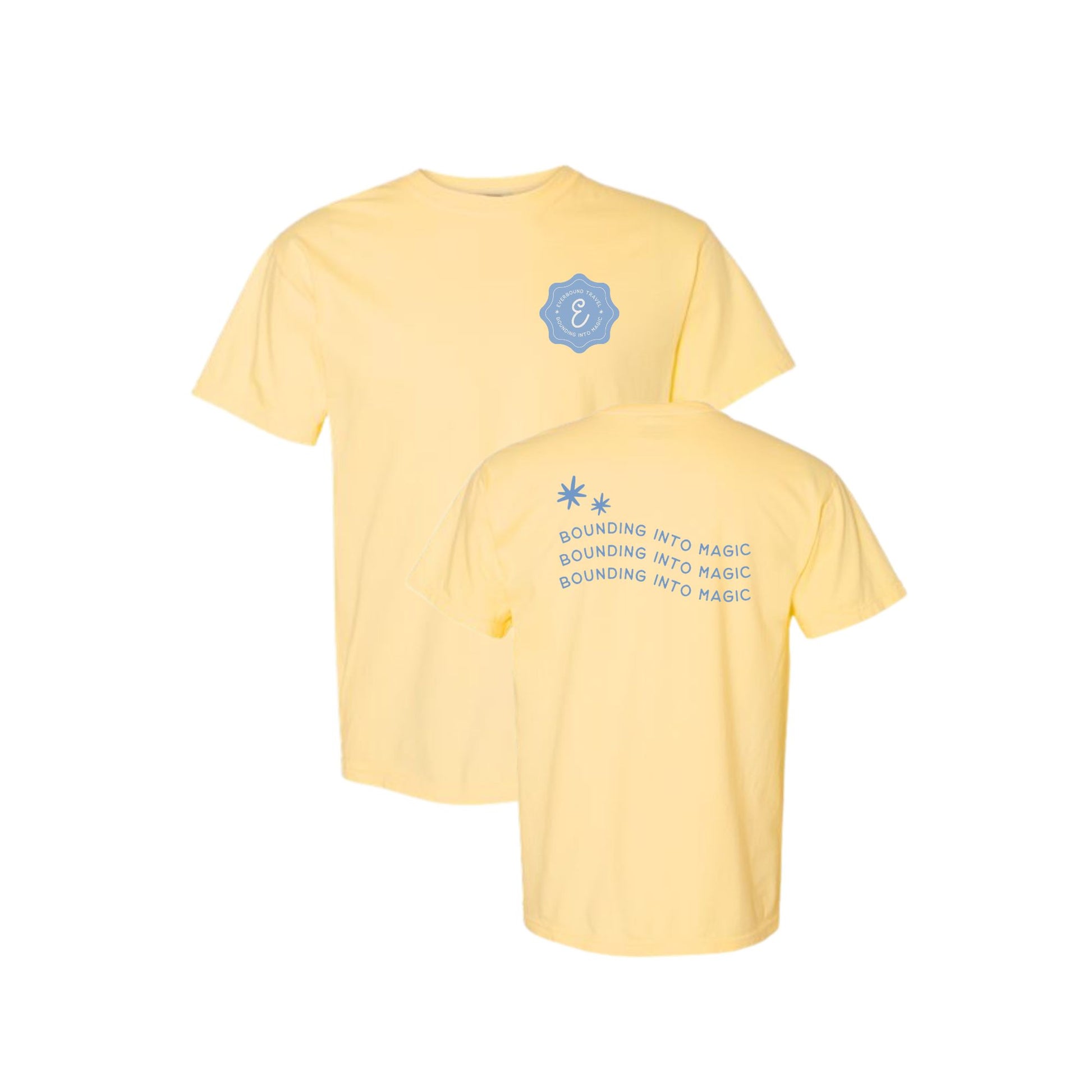 Yellow t-shirt with blue graphics and text on a white background