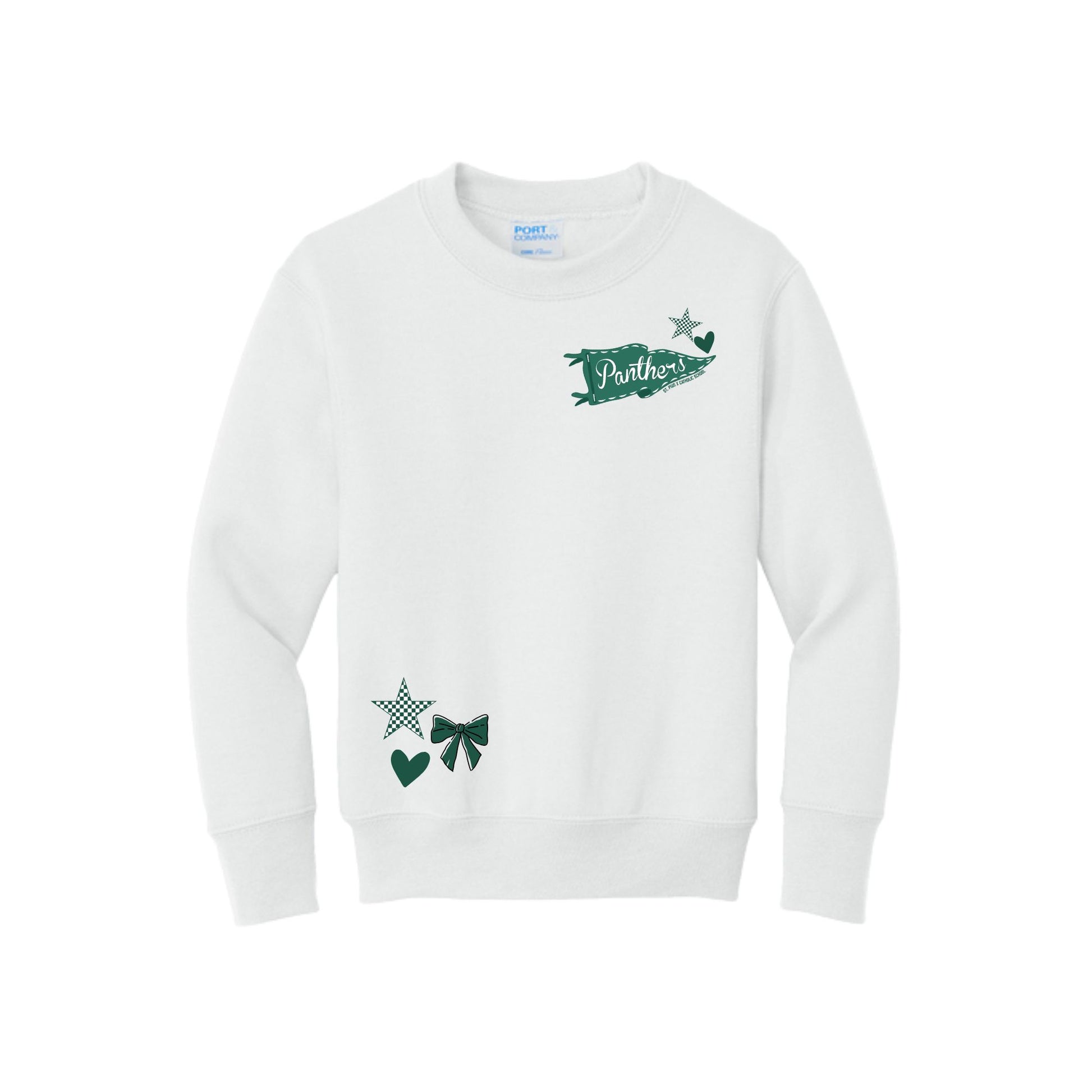 A white crewneck sweatshirt featuring green graphic prints, including a 'Panthers' pennant on the chest and a bow and star pattern on the lower left , shown against a plain white background.