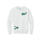 A white crewneck sweatshirt featuring green graphic prints, including a 'Panthers' pennant on the chest and a bow and star pattern on the lower left , shown against a plain white background.