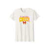 An off-white short-sleeve crewneck t-shirt featuring a graphic on the front that reads 'St. Jude School CHEER' in red and yellow, with a red and yellow ribbon below.