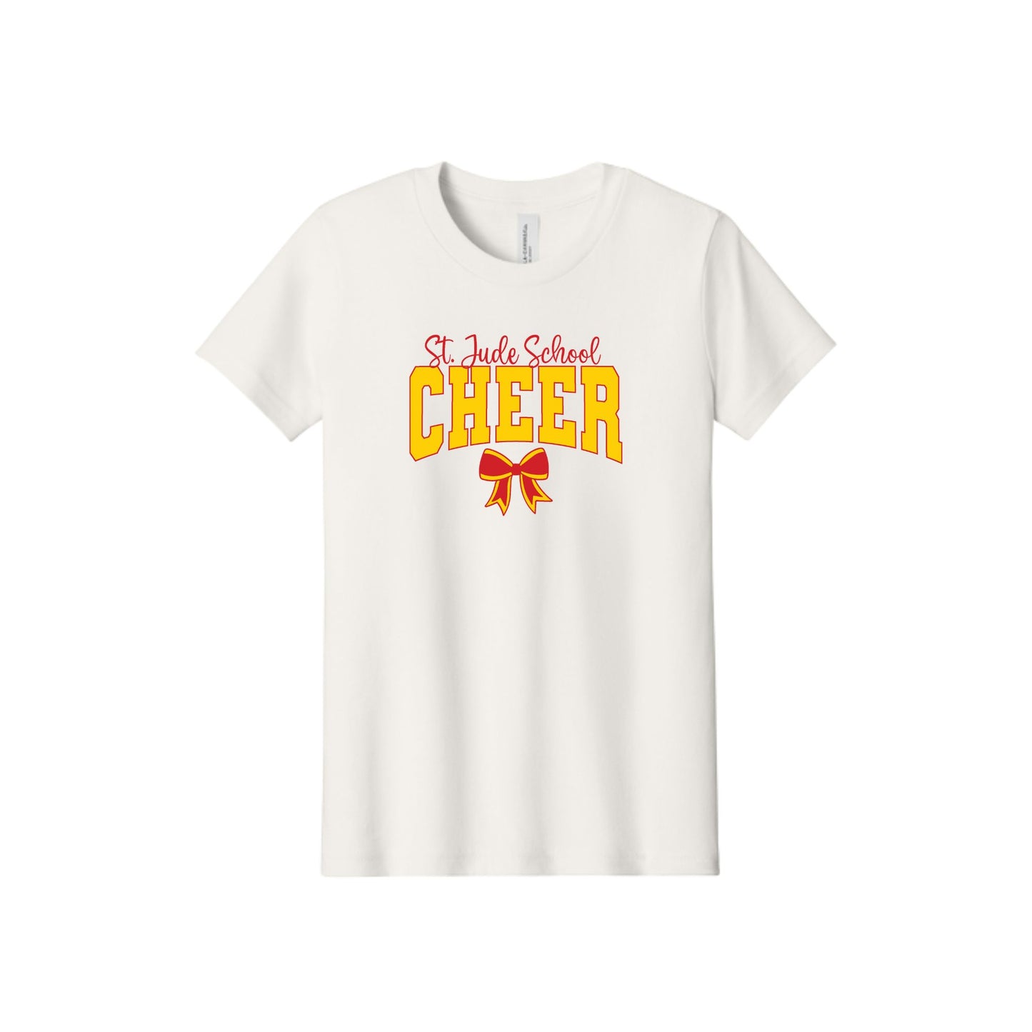 An off-white short-sleeve crewneck t-shirt featuring a graphic on the front that reads 'St. Jude School CHEER' in red and yellow, with a red and yellow ribbon below.