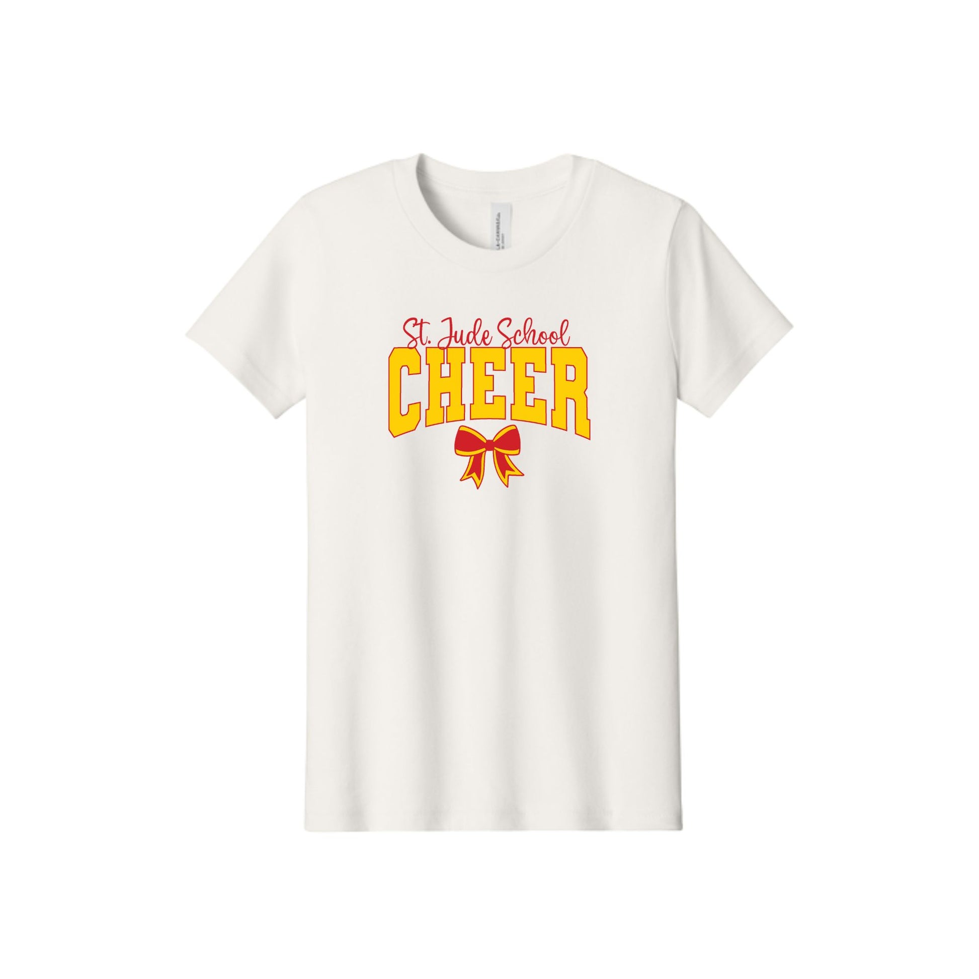 An off-white short-sleeve crewneck t-shirt featuring a graphic on the front that reads 'St. Jude School CHEER' in red and yellow, with a red and yellow ribbon below.