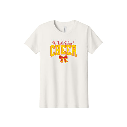 An off-white short-sleeve crewneck t-shirt featuring a graphic on the front that reads 'St. Jude School CHEER' in red and yellow, with a red and yellow ribbon below.