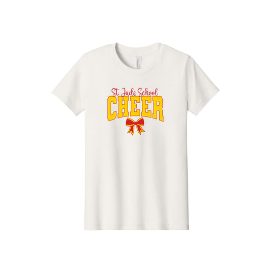 An off-white short-sleeve crewneck t-shirt featuring a graphic on the front that reads 'St. Jude School CHEER' in red and yellow, with a red and yellow ribbon below.