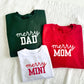 coordinating red, green, and white merry mom, merry dad, and merry mini crewneck sweatshirts