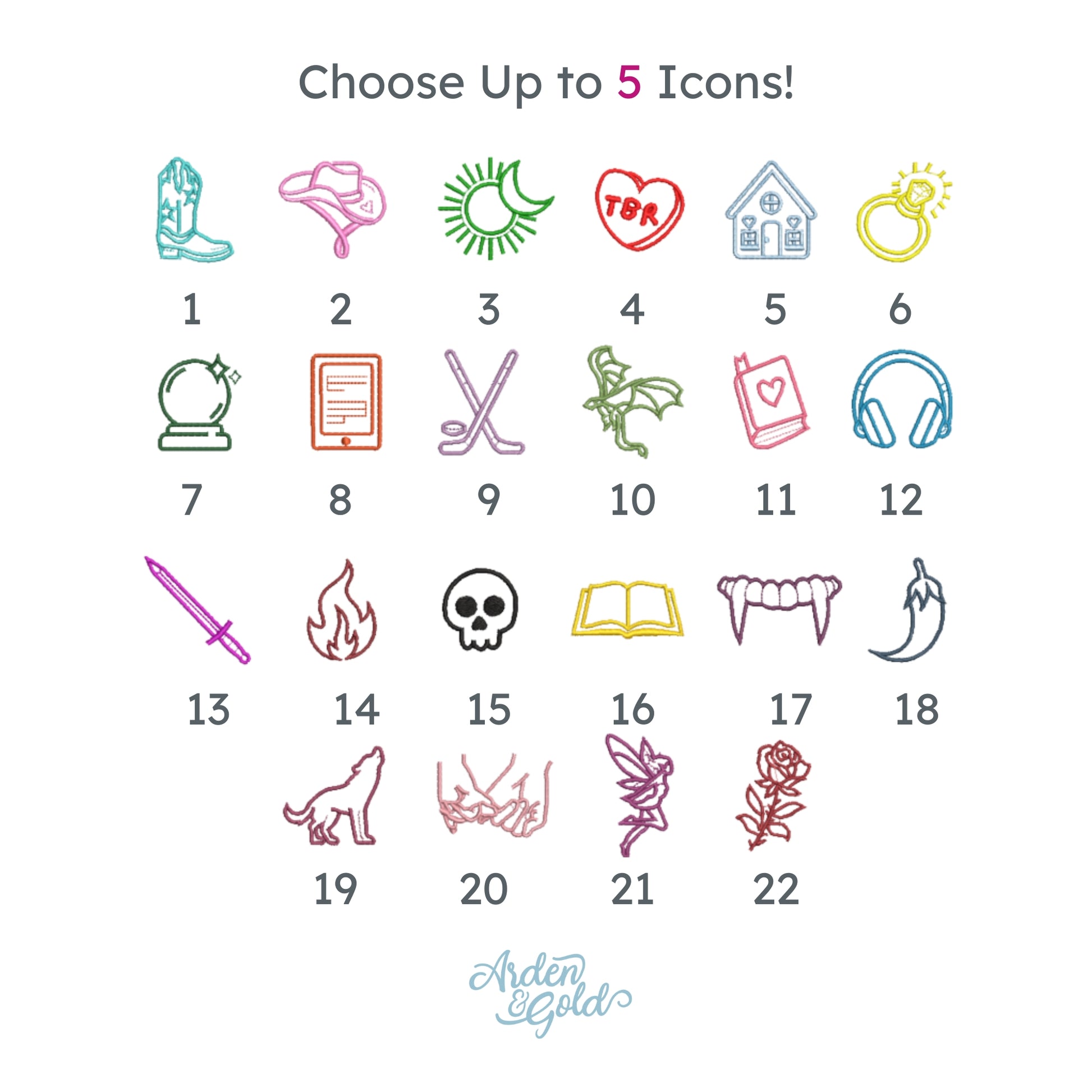 Set of 22 colorful bookish icons with numbers on a white background, featuring various symbols.