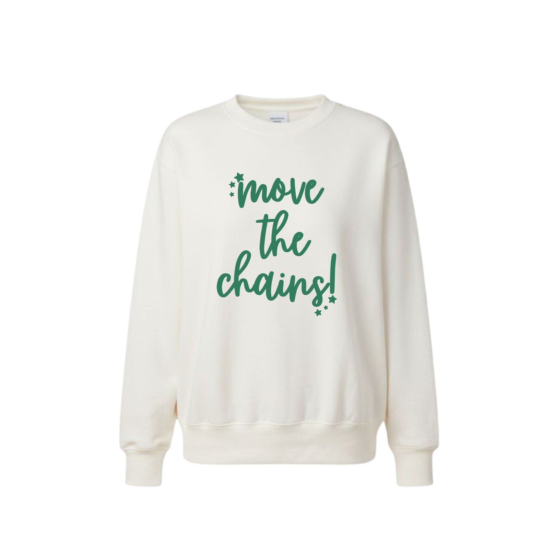 An off-white crewneck sweatshirt featuring the phrase 'move the chains!' printed in green script across the chest, displayed on a clean white background.