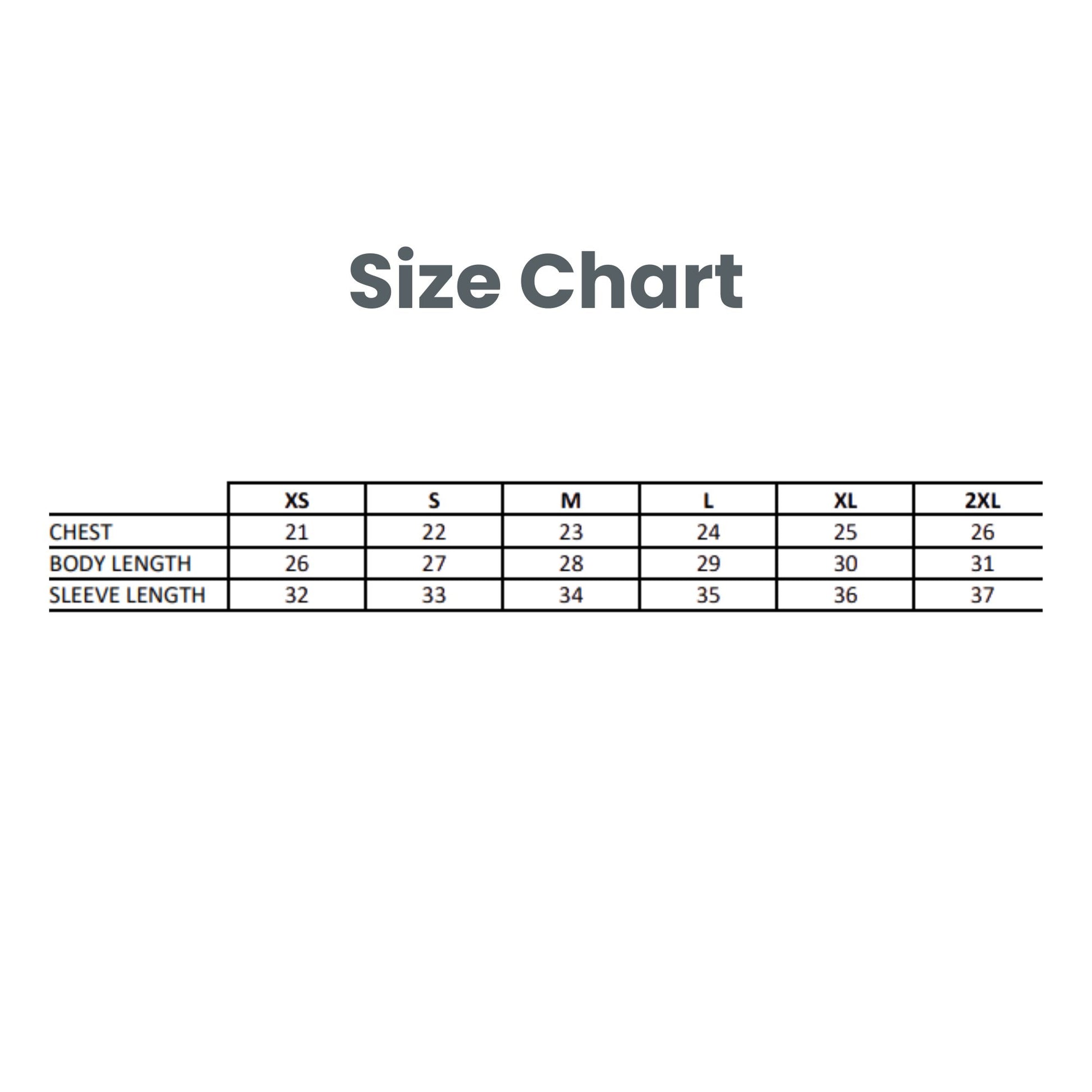 A size chart table with columns labeled XS, S, M, L, XL, and 2XL, showing chest, body length, and sleeve length measurements on a white background.