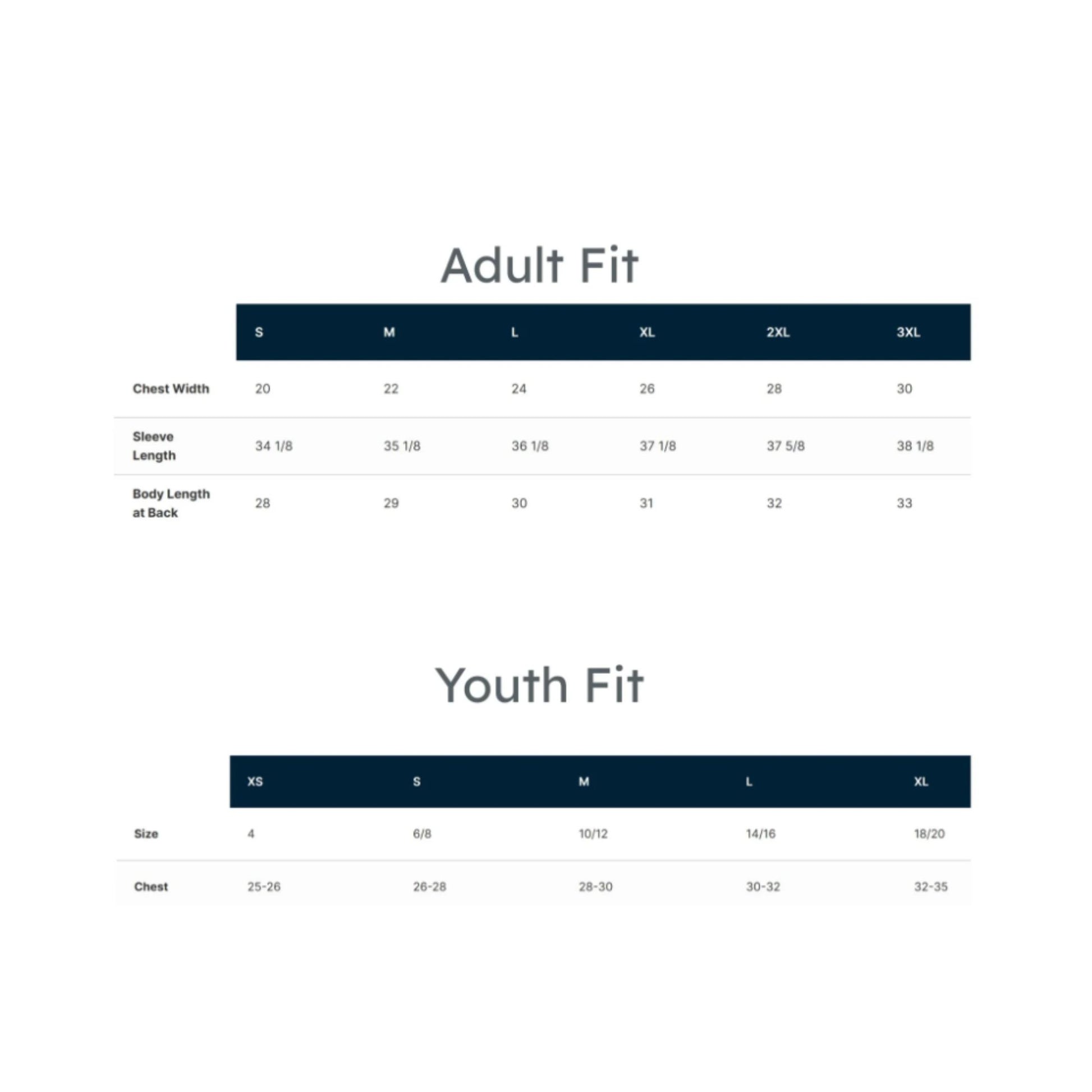 A size guide chart showing adult and youth fit tables with chest width, sleeve length, and body length measurements for sizes S through XL.