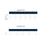 A size guide chart showing adult and youth fit tables with chest width, sleeve length, and body length measurements for sizes S through XL.
