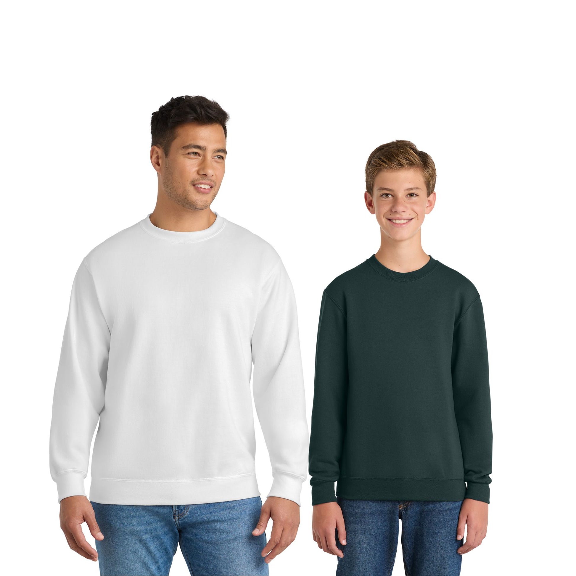 Two people wearing white and dark green sweatshirts on a white background