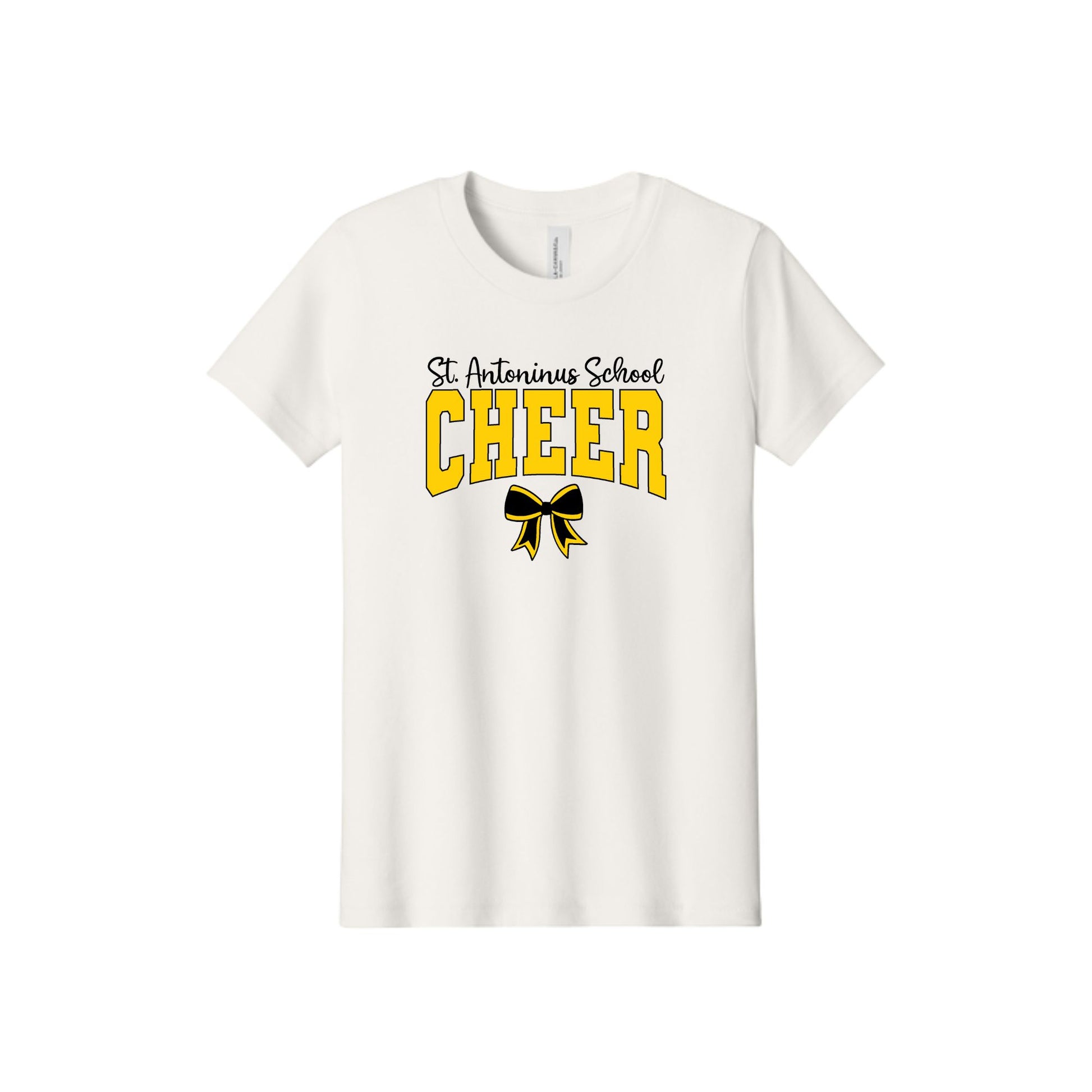 An off-white short-sleeve crewneck t-shirt featuring a graphic on the front that reads 'St. Antonius School CHEER' in yellow and black, with a black and yellow ribbon bow underneath.