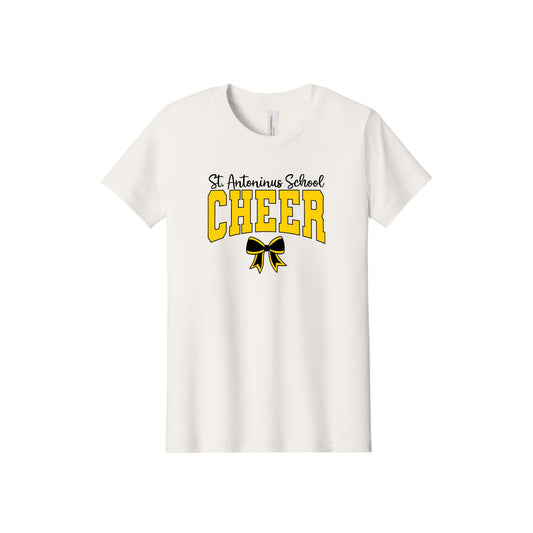 An off-white short-sleeve crewneck t-shirt featuring a graphic on the front that reads 'St. Antonius School CHEER' in yellow and black, with a black and yellow ribbon bow underneath.