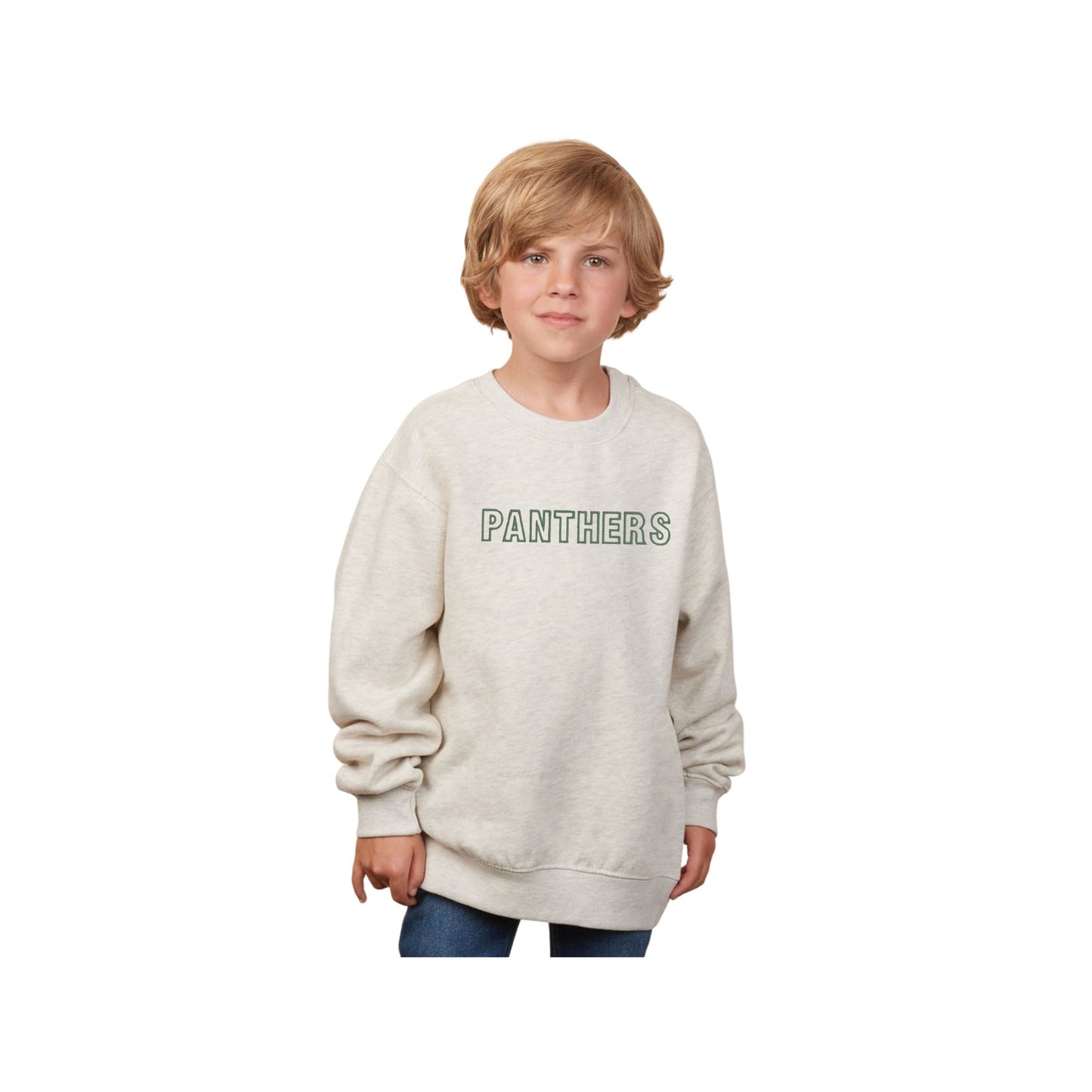 Child wearing a beige sweatshirt with 'PANTHERS' text on a white background
