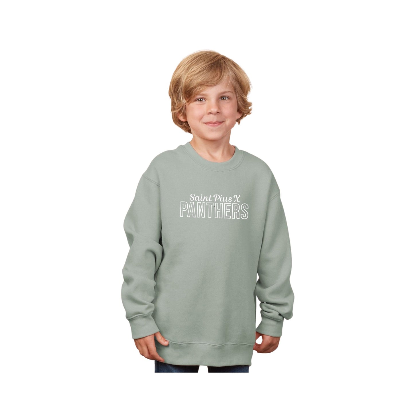 child wearing a greenstone sweatshirt with 'Saint Pius X Panthers' embroidered design on the center chest in white thread