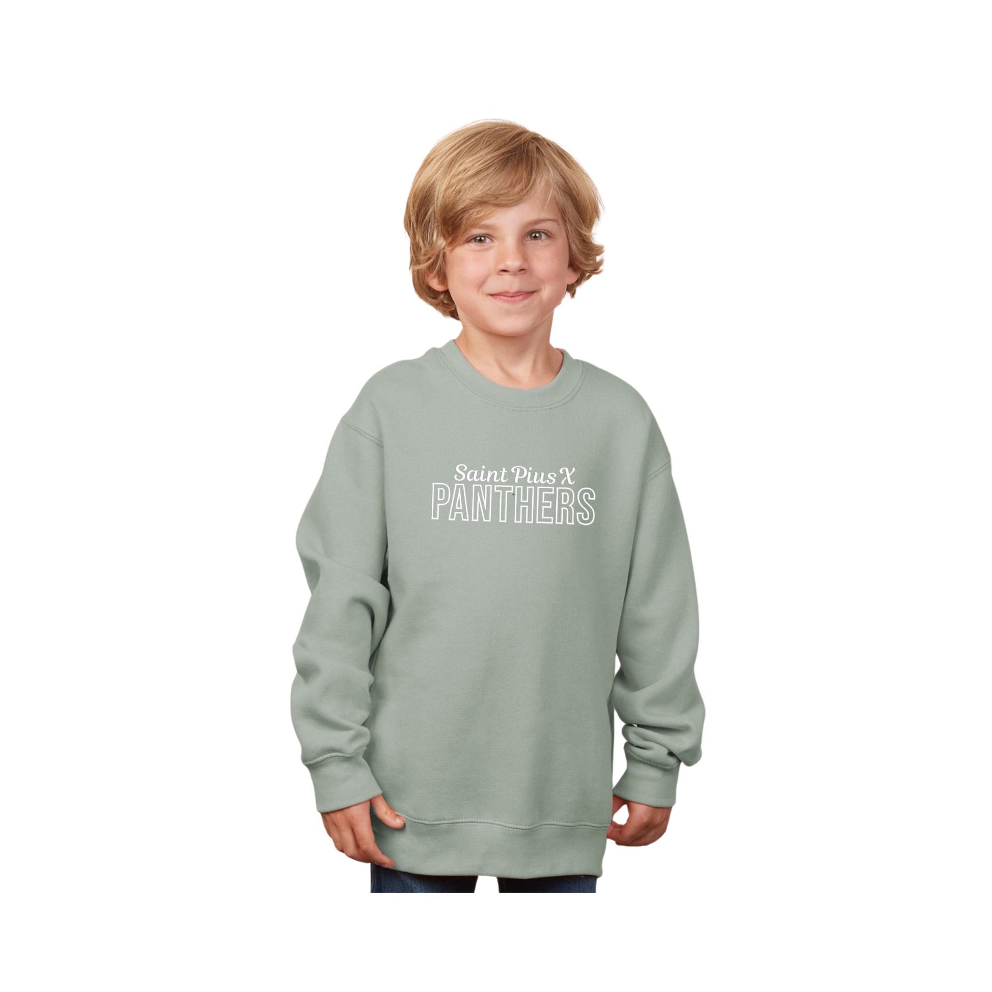child wearing a greenstone sweatshirt with 'Saint Pius X Panthers' embroidered design on the center chest in white thread